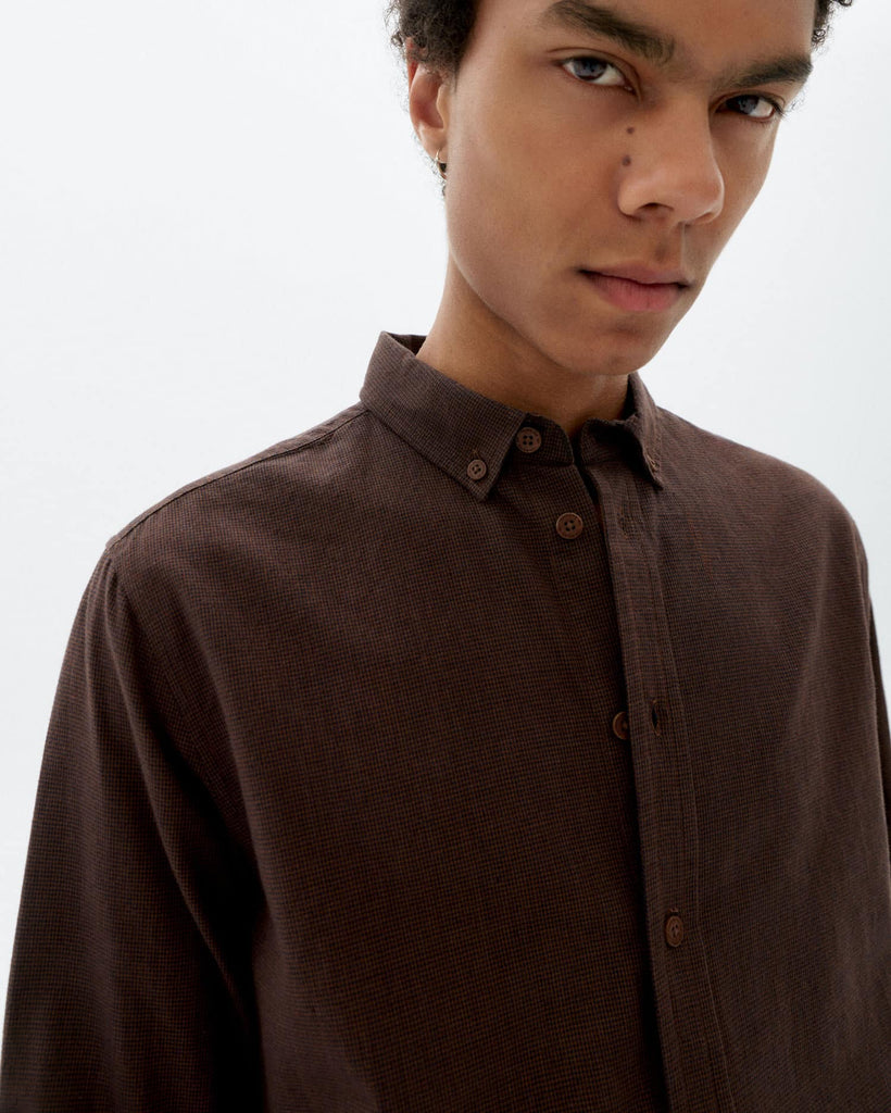 THINKING MU Ant shirt microchecks navy brown men