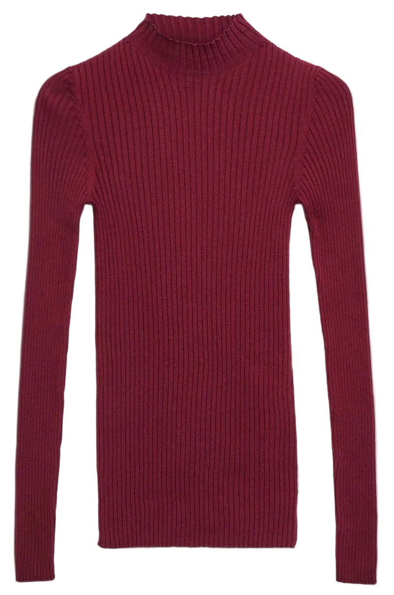 A ribbed knit long-sleeve mock neck sweater in deep burgundy, displayed flat against a clean white background.