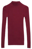 A ribbed knit long-sleeve mock neck sweater in deep burgundy, displayed flat against a clean white background.