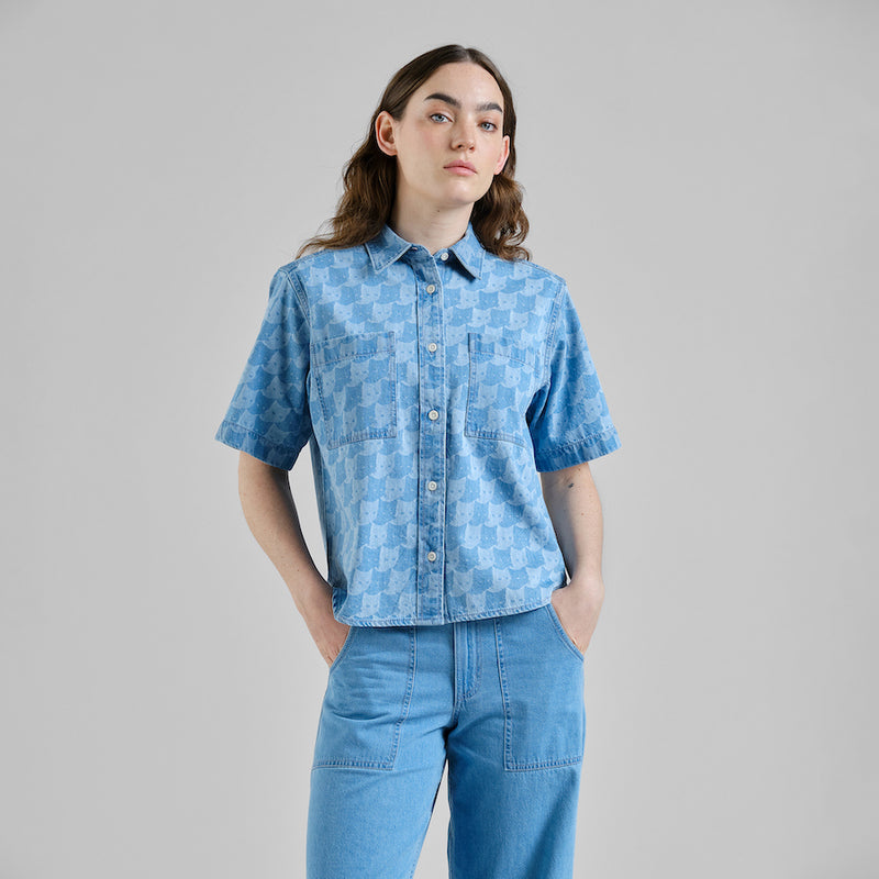 DEDICATED Stensvik denim pepita cats shirt light blue women