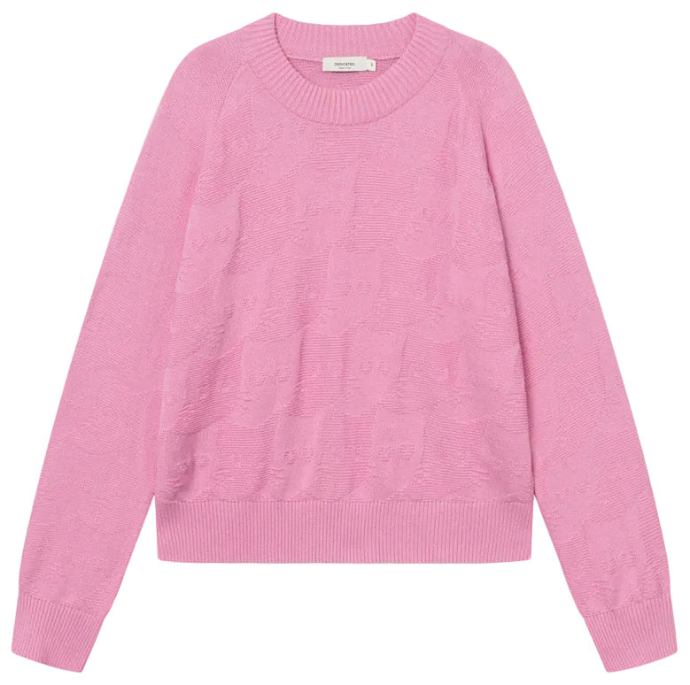 A pink crewneck knit sweater with a subtle textured pattern, displayed flat against a white background.