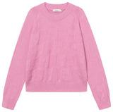 A pink crewneck knit sweater with a subtle textured pattern, displayed flat against a white background.