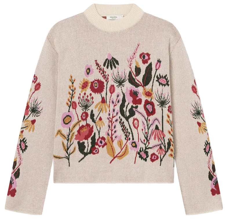 A cream-colored knit sweater featuring a vibrant, multicolored floral and botanical pattern across the chest and sleeves, displayed on a clean white background.