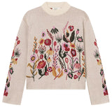 A cream-colored knit sweater featuring a vibrant, multicolored floral and botanical pattern across the chest and sleeves, displayed on a clean white background.