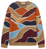 A crewneck sweater featuring a retro, abstract wavy pattern in orange, tan, navy, burgundy, and light blue, with solid tan ribbed trim on the collar, cuffs, and hem.