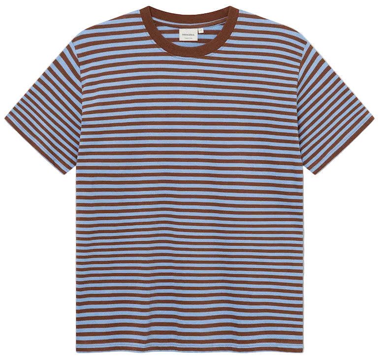 A short-sleeve crewneck t-shirt with horizontal brown and light blue stripes, featuring solid brown ribbed trim on the collar and sleeve cuffs, displayed against a white background.