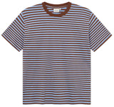 A short-sleeve crewneck t-shirt with horizontal brown and light blue stripes, featuring solid brown ribbed trim on the collar and sleeve cuffs, displayed against a white background.