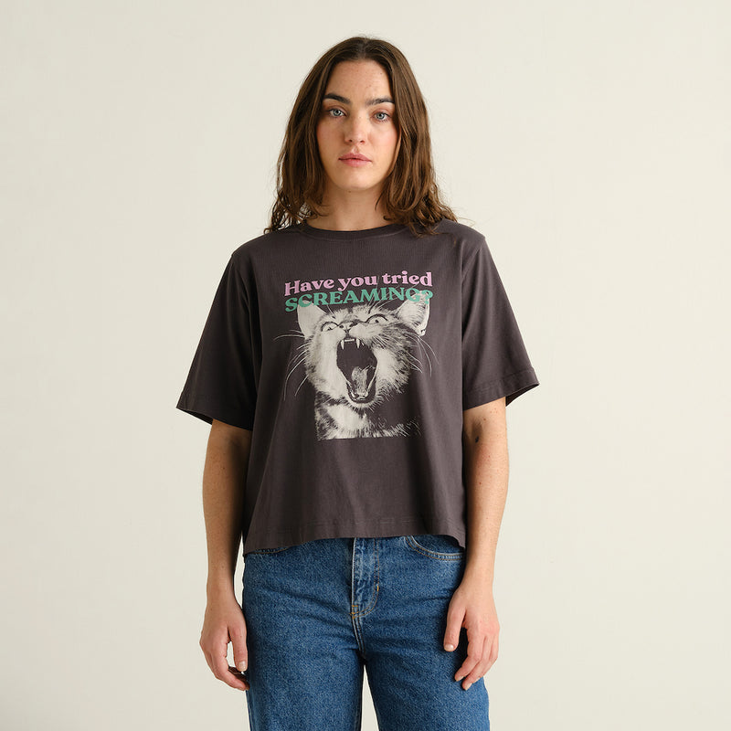 DEDICATED Vadstena screaming cat t-shirt charcoal women