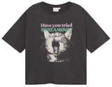 A dark charcoal gray short-sleeve t-shirt featuring a graphic print of a screaming cat and the text 'Have you tried SCREAMING?' in pink and green, displayed on a white background.