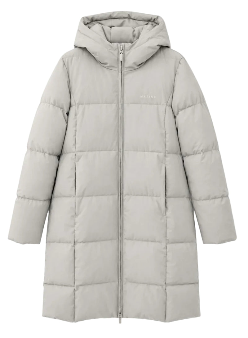 A light gray hooded puffer coat with horizontal quilting and a front zipper, shown on a plain white background.