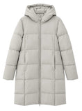 A light gray hooded puffer coat with horizontal quilting and a front zipper, shown on a plain white background.