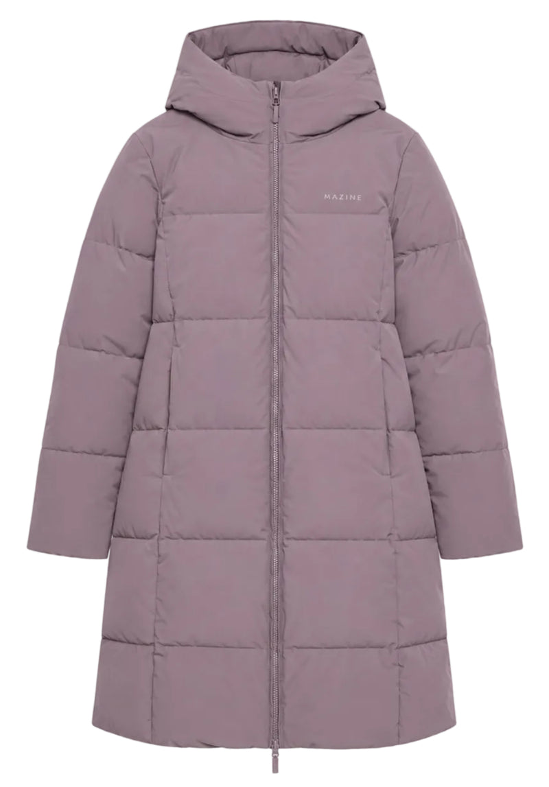 A long, quilted puffer coat in a muted dusty mauve color, featuring a hood, front zipper, and a small 'MAJESTY' brand logo on the left chest, displayed against a plain white background.
