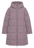 A long, quilted puffer coat in a muted dusty mauve color, featuring a hood, front zipper, and a small 'MAJESTY' brand logo on the left chest, displayed against a plain white background.