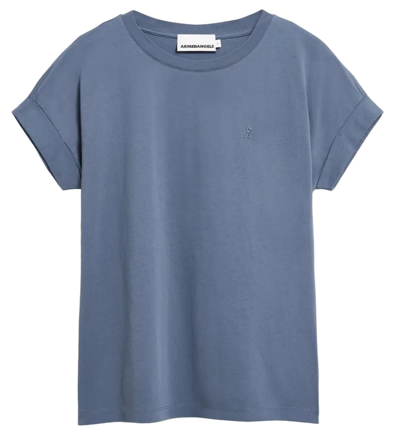 A dusty blue short-sleeve crewneck t-shirt with a small embroidered polo player logo on the left chest, displayed flat against a white background.