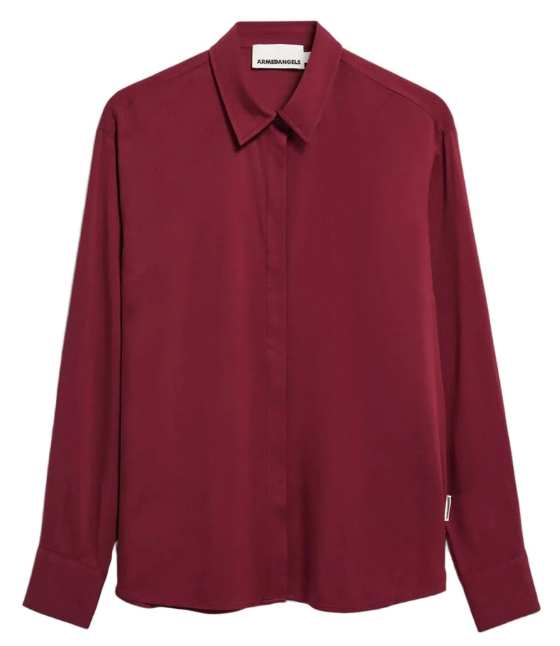 A long-sleeve button-up shirt in a deep burgundy color, featuring a classic pointed collar and a small white brand label on the left sleeve cuff.