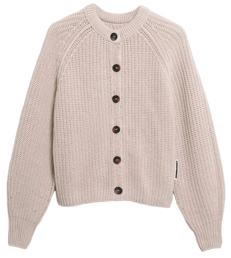 Beige cardigan with black buttons on a white background