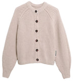 Beige cardigan with black buttons on a white background