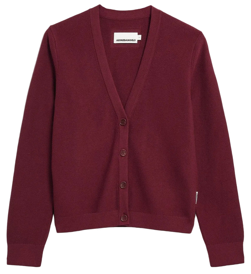 Maroon organic cotton cardigan with four button closure on a white background