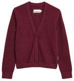 Maroon organic cotton cardigan with four button closure on a white background