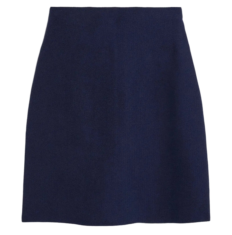 A dark navy blue A-line mini skirt with a straight waistband, shown flat against a light gray background.