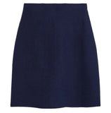 A dark navy blue A-line mini skirt with a straight waistband, shown flat against a light gray background.