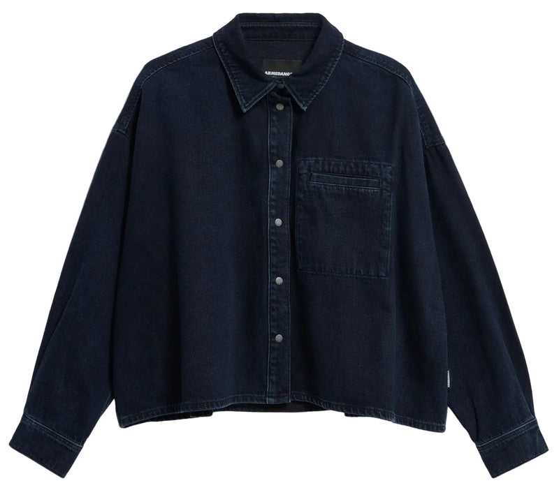 A dark navy blue cropped denim shirt jacket with a button-down front, pointed collar, and a chest pocket, displayed against a white background.