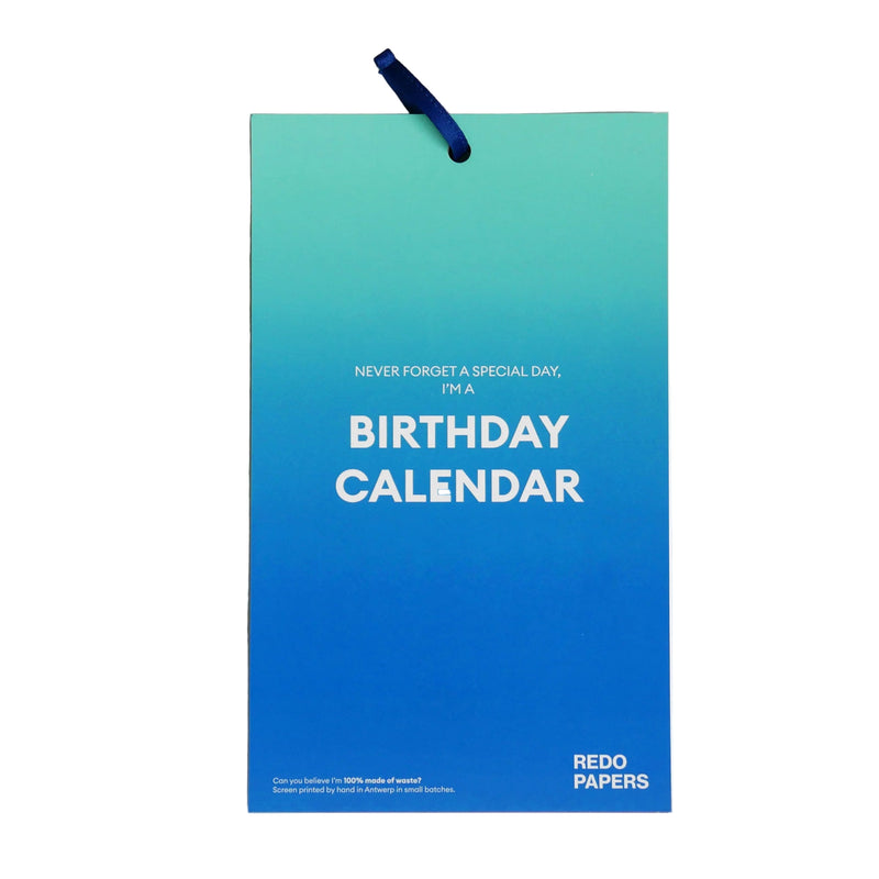 Papieren verjaardagskalender van Redopapers, ontworpen en gedrukt op gerecycleerde papier.