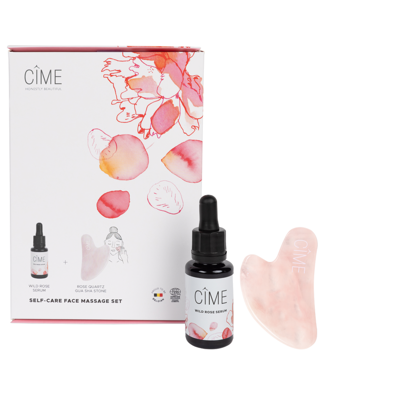 CÎME Self care massage set: wild rose serum & rose quartz gua sha
