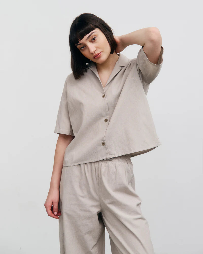 ROTHOLZ Cropped bowling shirt beige striped women