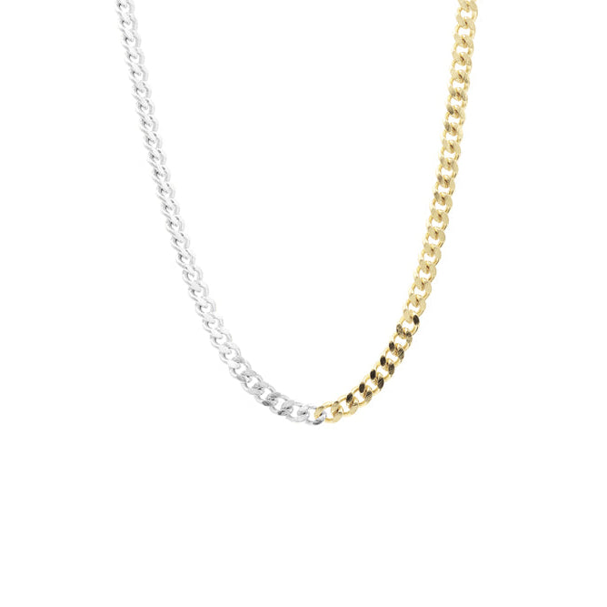 Gold and silver chain necklace on a white background