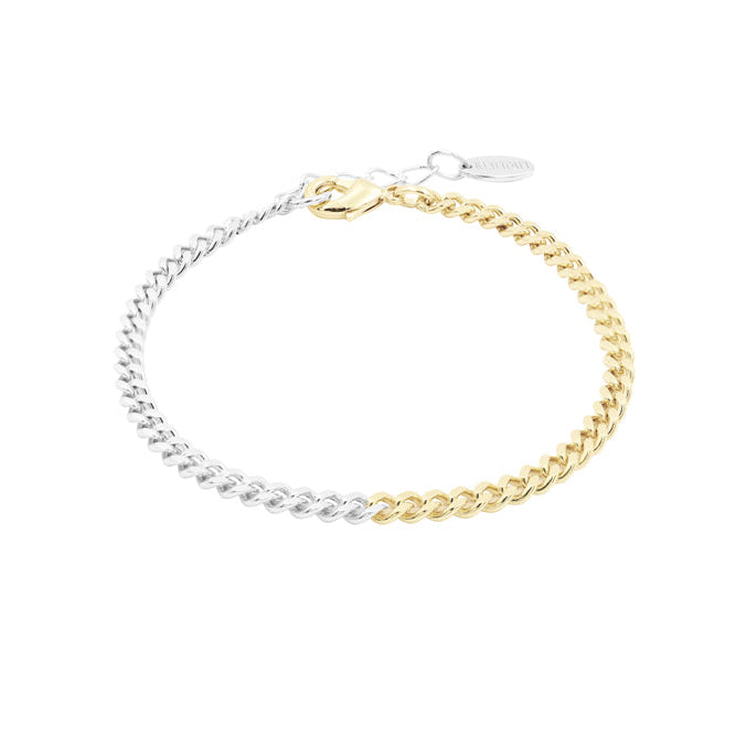 Two-tone gold and silver chain bracelet on a white background