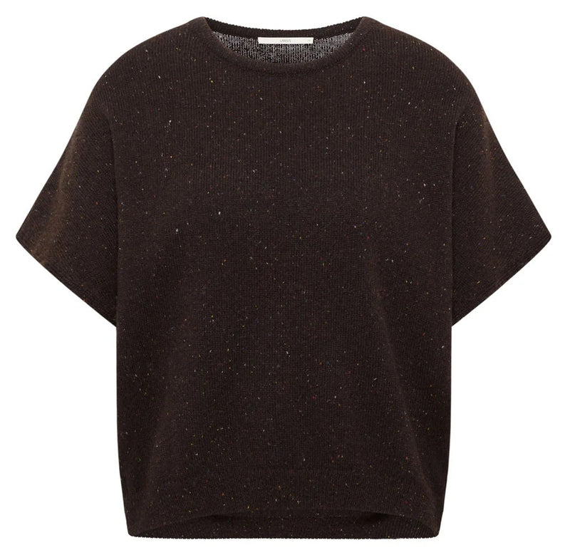 A dark brown short-sleeve knit top with subtle flecks, shown flat against a solid white background.