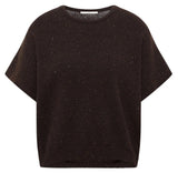 A dark brown short-sleeve knit top with subtle flecks, shown flat against a solid white background.