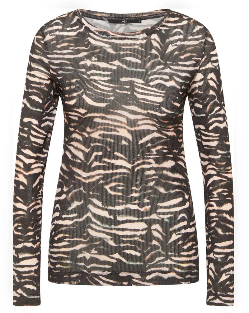 A women's long-sleeve crewneck top featuring an all-over abstract zebra-like stripe pattern in dark gray and beige.