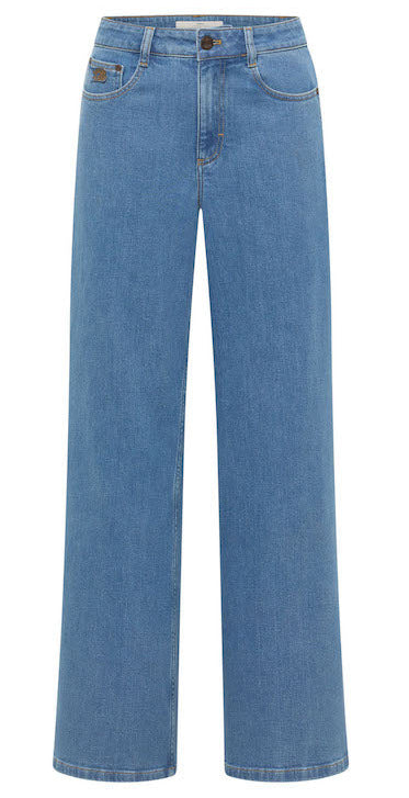Light blue wide-leg denim jeans shown flat against a solid white background.