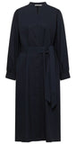 A dark navy long-sleeve button-front dress with a matching waist tie belt, shown on a plain white background.