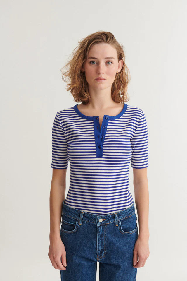 BASIC APPAREL Ludmilla SS stripe granddad BA146-33 sodalite blue whisper white 867 women