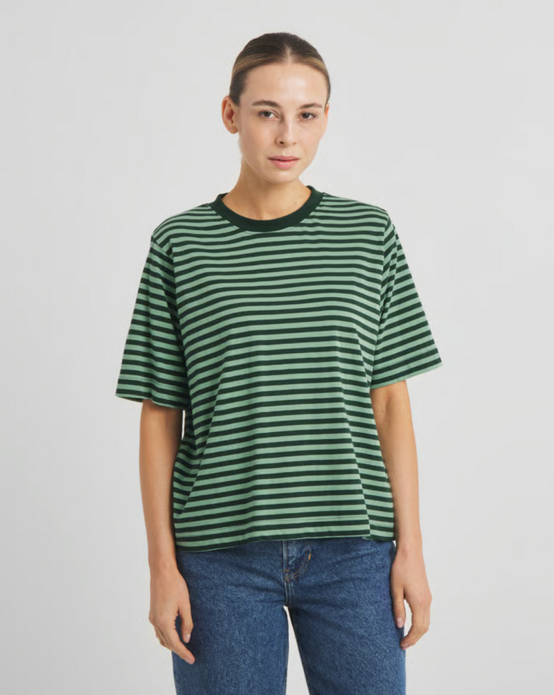 DEDICATED Vadstena stripe t-shirt dark green granite green women