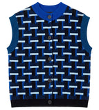 A sleeveless knit cardigan vest with a geometric interlocking pattern in navy, royal blue, and light blue, featuring a solid blue ribbed collar and cuffs, and a button closure.