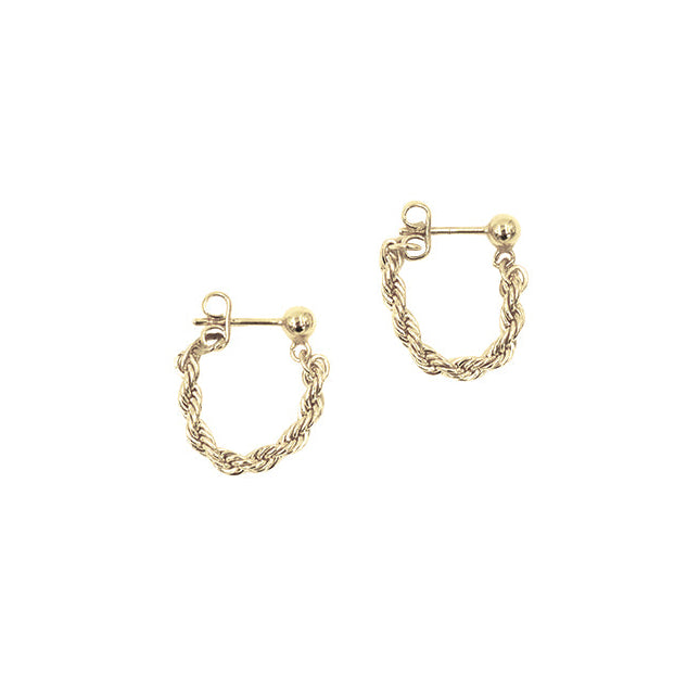 Gold hoop earrings with chain detail on a white background