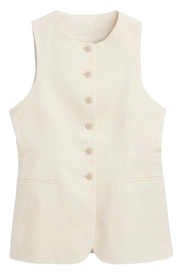 Beige vest with button details on a white background
