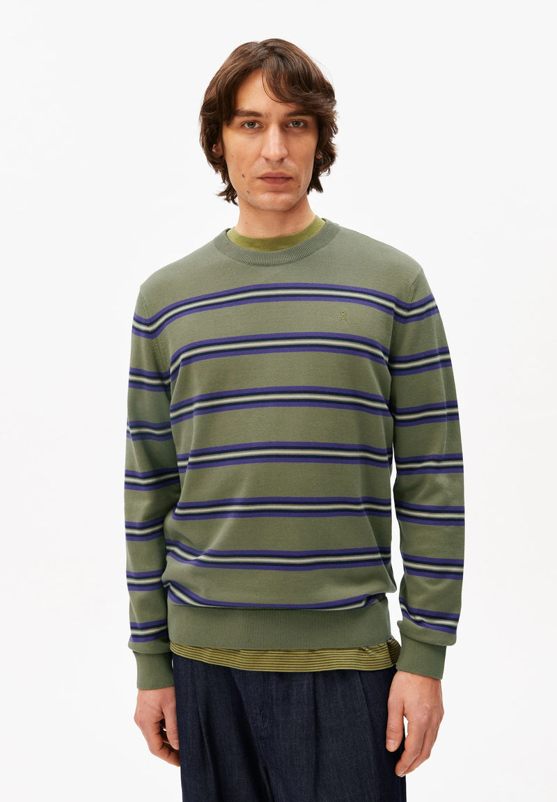 ARMEDANGELS Loukaa fine stripe jumper fatigue green tinted navy men