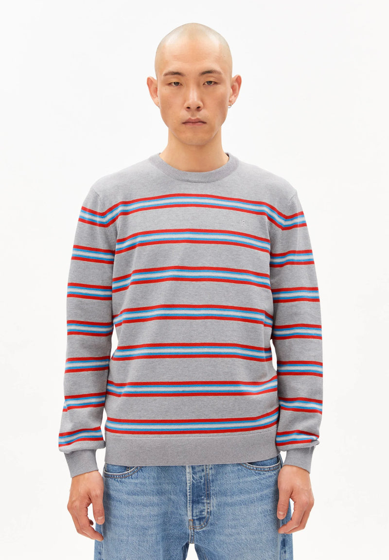 ARMEDANGELS Loukaa fine stripe jumper silver melange mars red men
