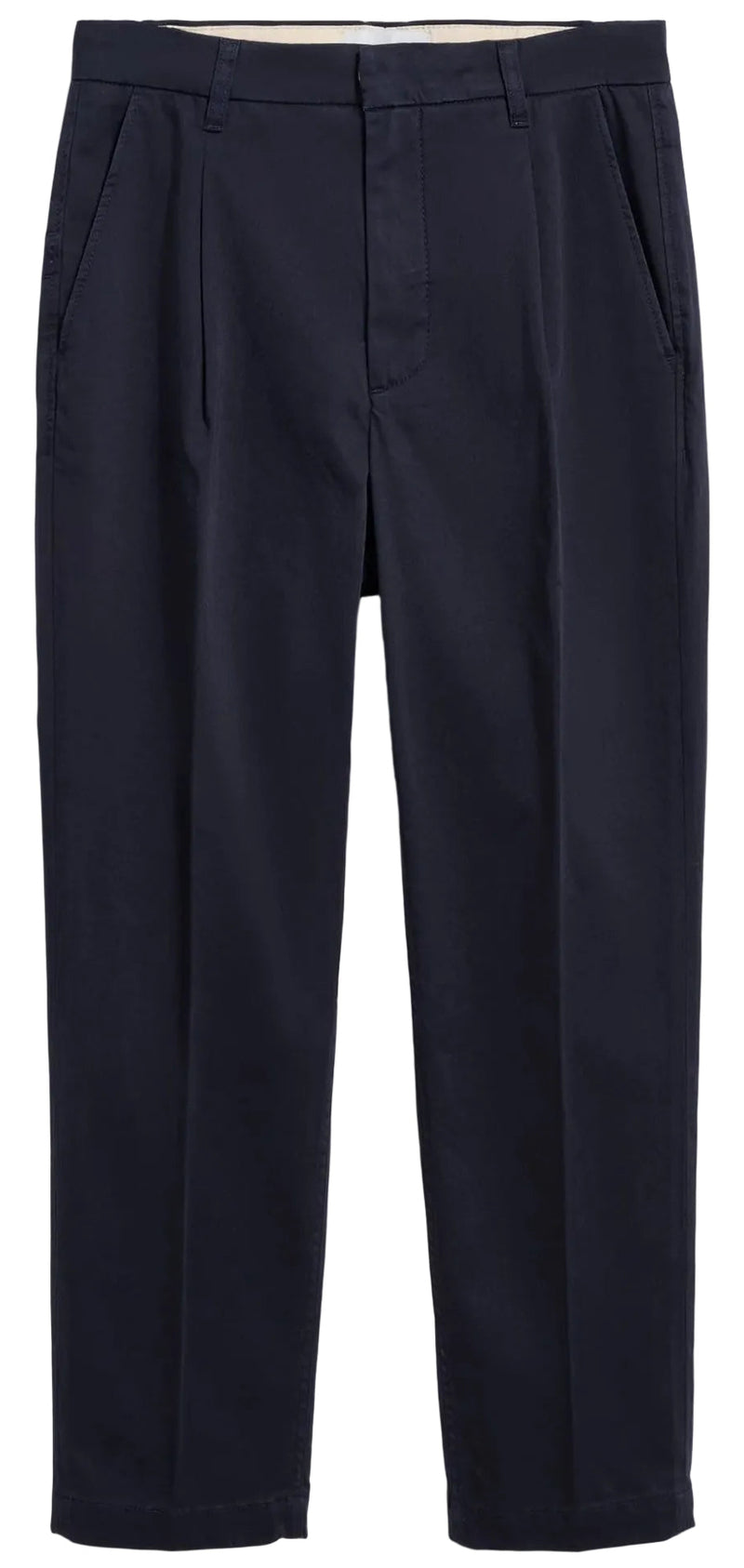 Navy pleated pants on a white background