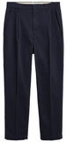 Navy pleated pants on a white background