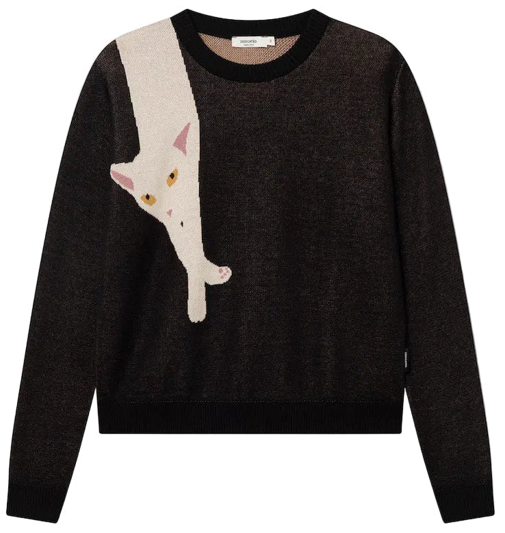 A black knit crewneck sweater featuring a large graphic of a white cat hanging from the shoulder, shown against a white background.