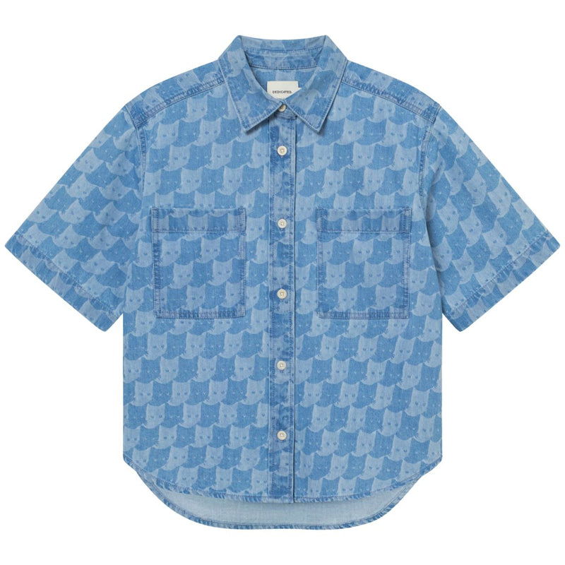 DEDICATED Stensvik denim pepita cats shirt light blue women