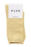 Yellow sock with KLUE label on a white background