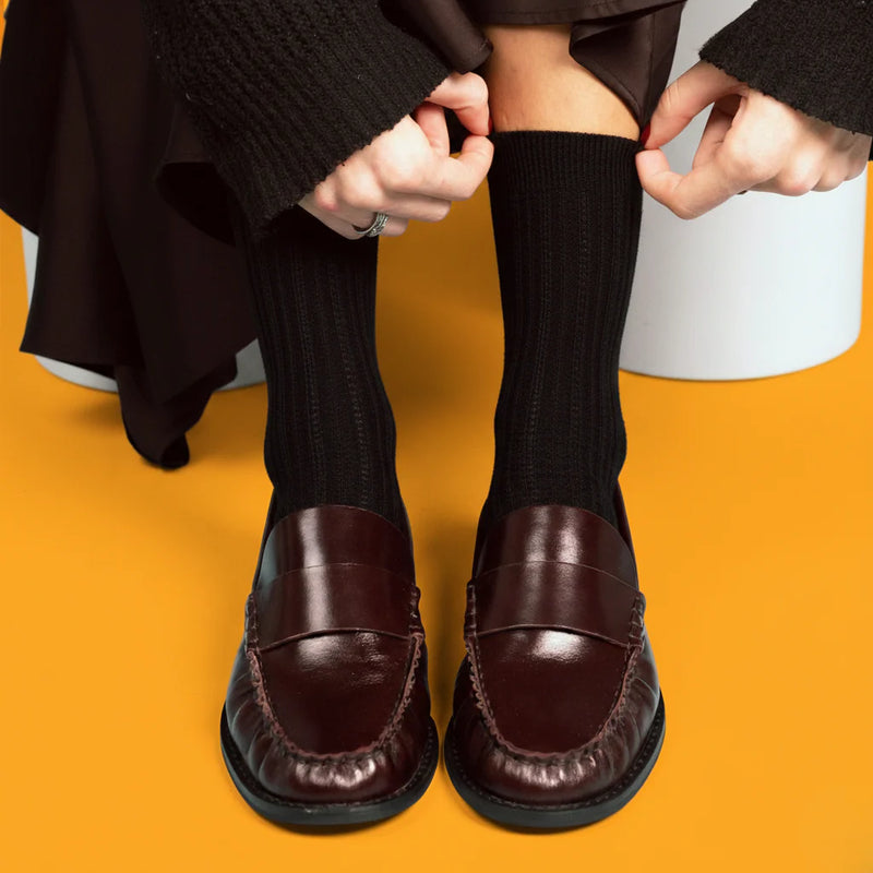 KLUE Pointelle fine rib knit socks black women