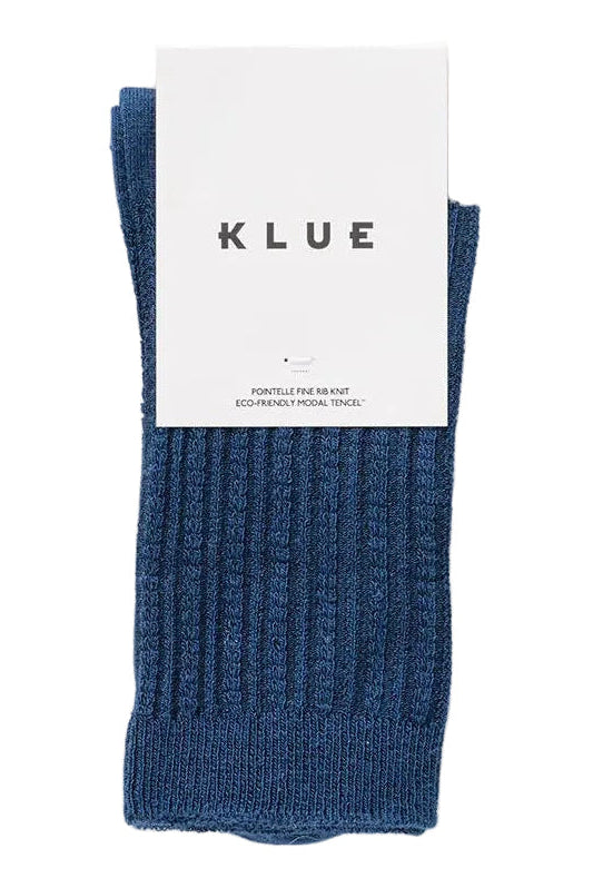 Blue sock with KLUE label on a white background